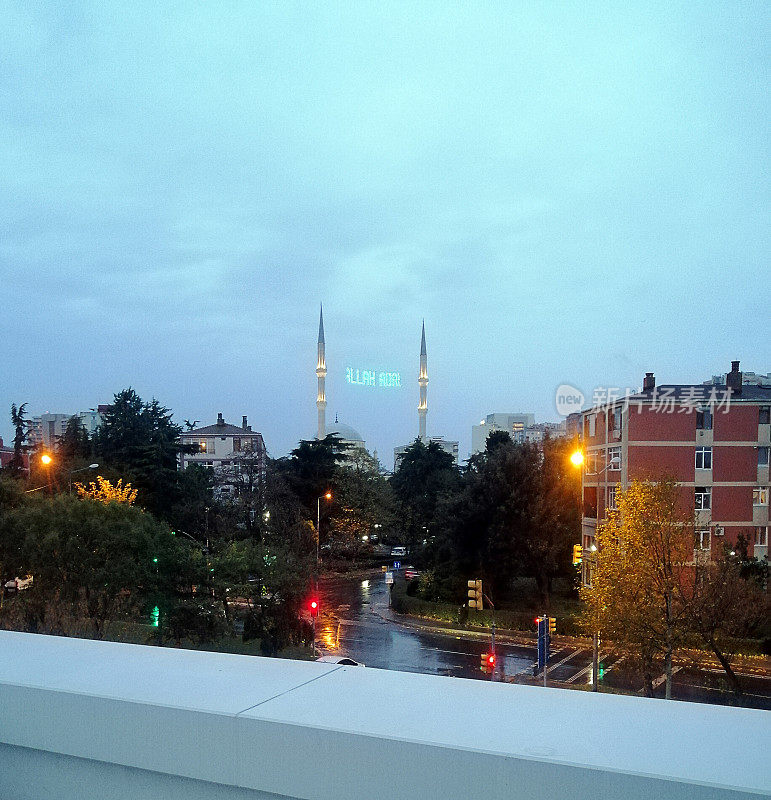 Raining view with Mahya of Istanbul Ataköy